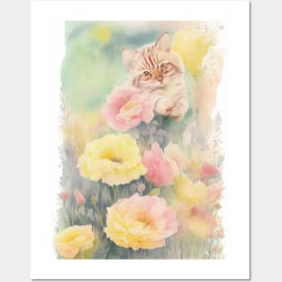 Soft color Striped Yellow cat in the Flower Garden Posters and Art